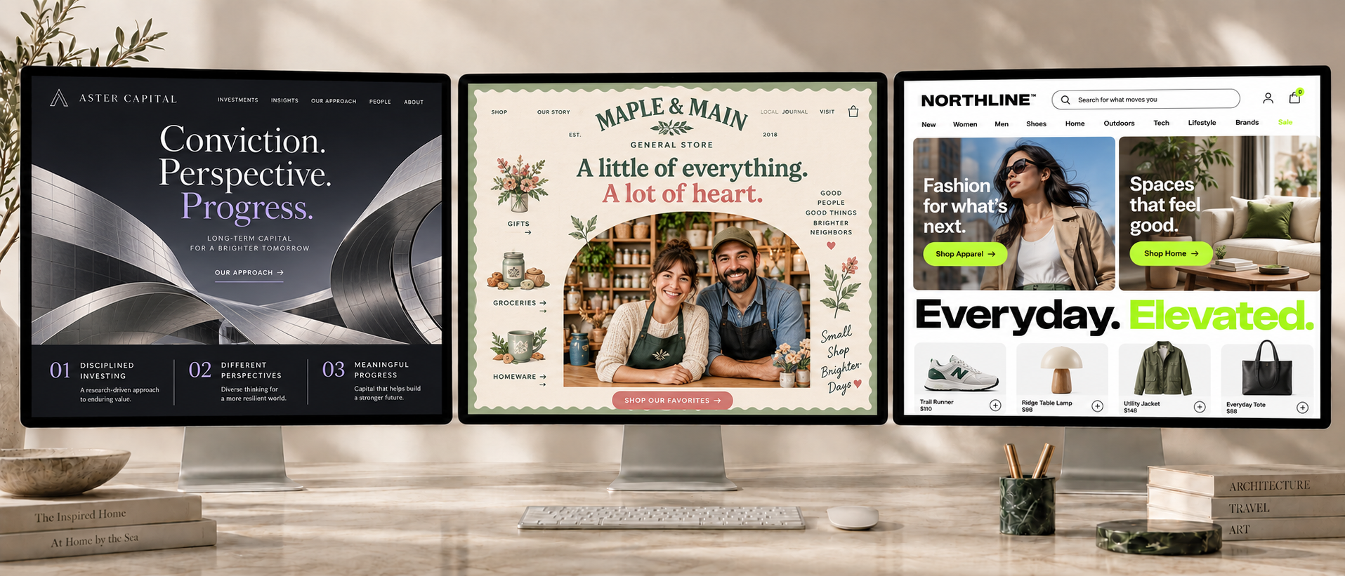 Aster Capital corporate investment firm, Maple and Main neighborhood general store, and Northline large retailer website concepts